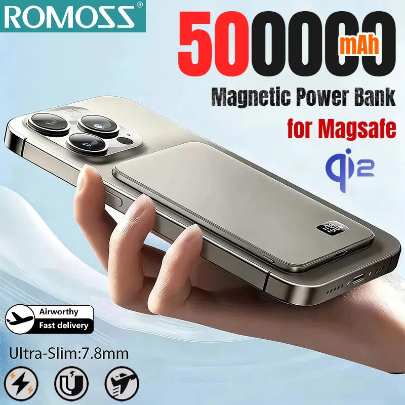 ROMOSS 3 IN 1 Power Bank For MagSafe 50000mAh Slim Magnetic Wireless Power Bank 22.5W External Battery For iPhone Samsung