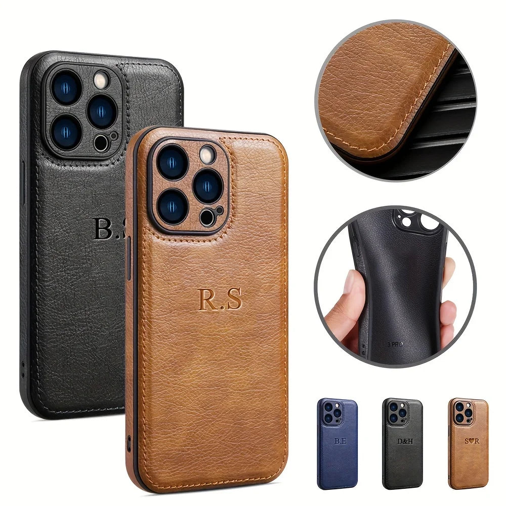 Personalized Custom Name Phone Case For iPhone 15 14 13 12 11 Pro Max 15 14 Plus Luxury Cowhide Leather Protection Back Cover