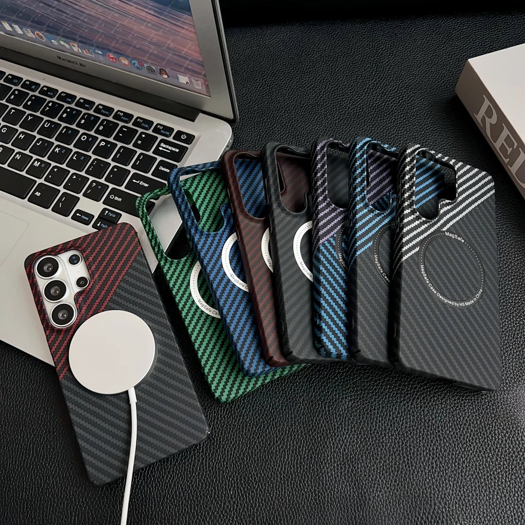 For Magsafe Magnetic Phone Case For Samsung Galaxy S25 S23 S24 S22 S21 S26 Ultra Plus Luxury Thin Slim Carbon Fiber Bumper Cover