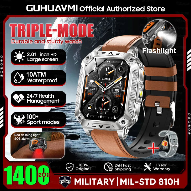 2026 New 1400mAh Large Battery Military Outdoor 2.01 inches Smart watch Men 10ATM Waterproof Bluetooth Call Sports Smart Watch