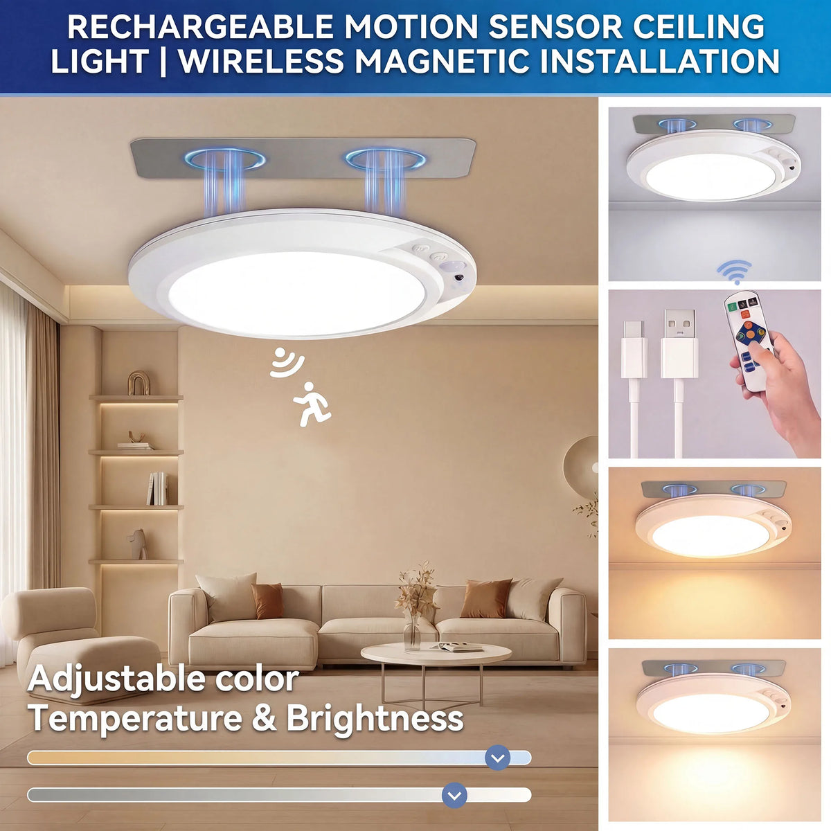 Motion Sensor Ceiling Light USB Type-C Rechargeable Magnetic Lamp Wireless Wall Lamp Remote LED Night Light For Kitchen Coatroom