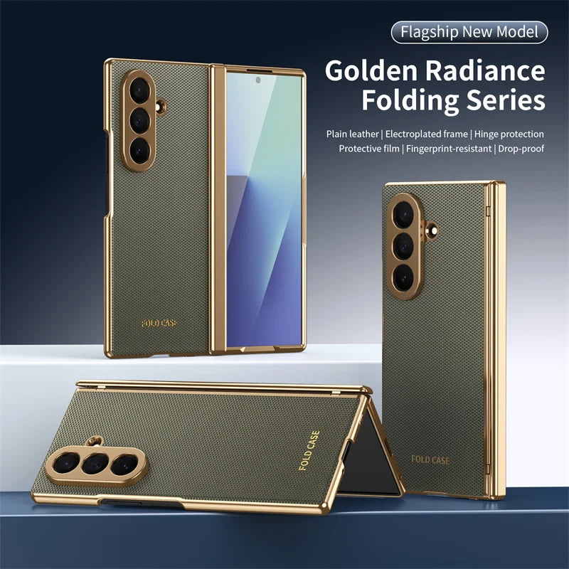 Leather Electroplated Frame Hinge Protect Case For Samsung Galaxy Z Fold 8Ultra 8 7 6 5 4 3 Screen Protect Film Shockproof Cover
