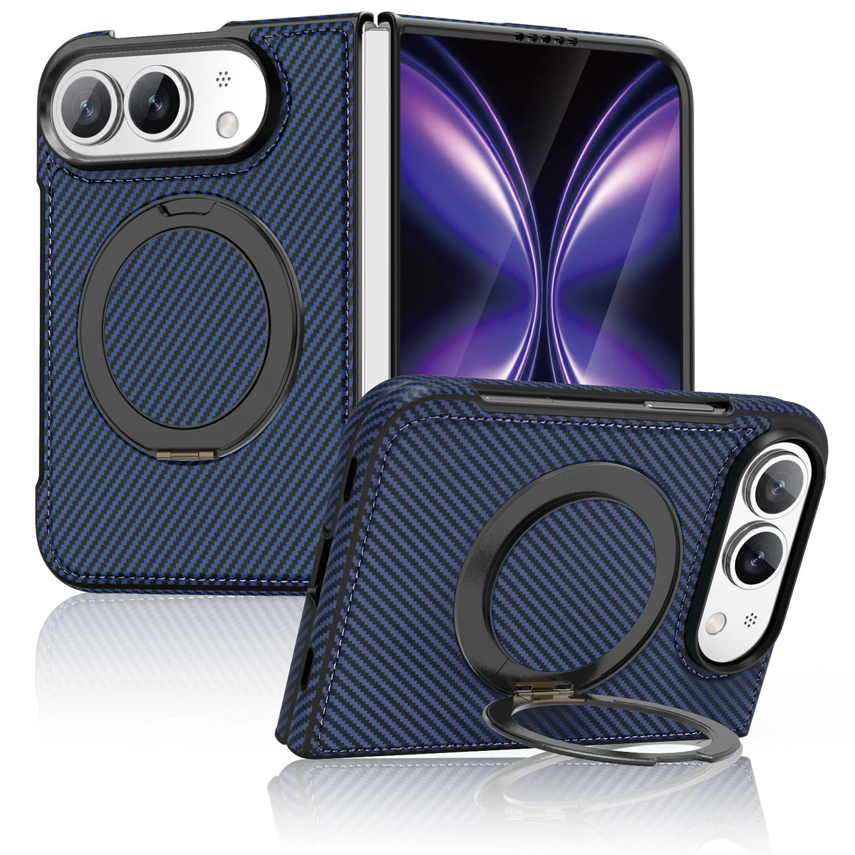 For iPhone Duo Case Luxury Carbon Fiber Texture Magnetic 360 Rotating Ring Holder Shockproof Protection Back Cover Accessories