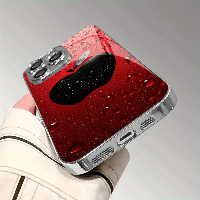 Advanced Lucky Red Water Drop Apple Pattern For iPhone Case for 11/12/13/14/15/16/17 Pro MAX Plating Silver Glass Design