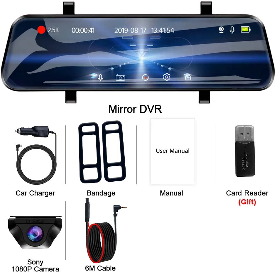 E-ACE 2.5K Mirror Camera For Car Touch Screen Video Recorder Rearview Mirror Dashcam 1440P GPS Wifi 24H Parking DVR Black Box