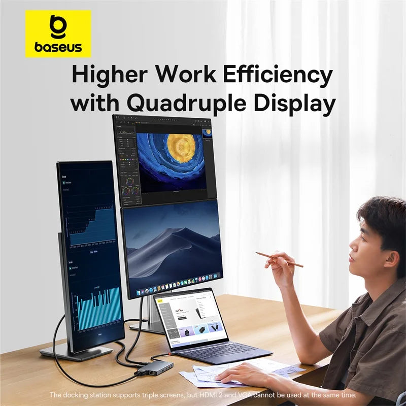 Baseus 13-in-1 USB C HUB to 2*HDMI 1*DP 4K@60Hz 1*VGA Quadruple Display USB 3.2 Adapter with RJ45 SD TF 3.5mm PD 100W Type C Hub