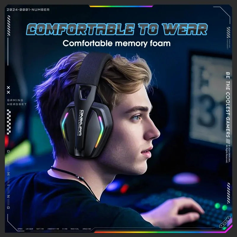 ONIKUMA GT826 Wireless Headset Gaming Headphone Tri Mode Connection Bluetooth USB C 2.4G Low Latency RGB Stereo Sound For PS5 PC