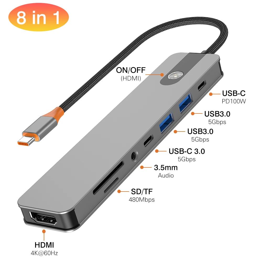 5/8 in 1 USB C to HDMI-Compatible 4K 60Hz Adapter Type C Splitter USB3.0/3.1 HUB Docking Station PD SD TF 3.5mm for Laptop iPad