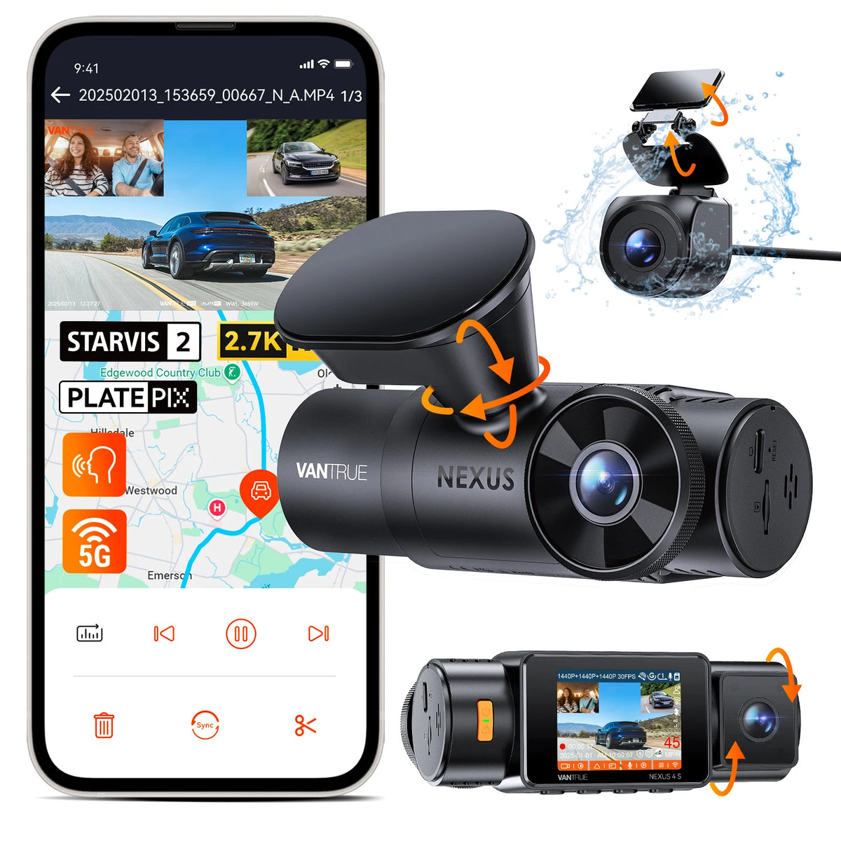 Vantrue N4S DashCam 3 Channel WiFi STARVIS 2 2.7K+1440P+1440 Waterproof Rear Camera HDR IR Night Vision GPS 24h Packing Mode