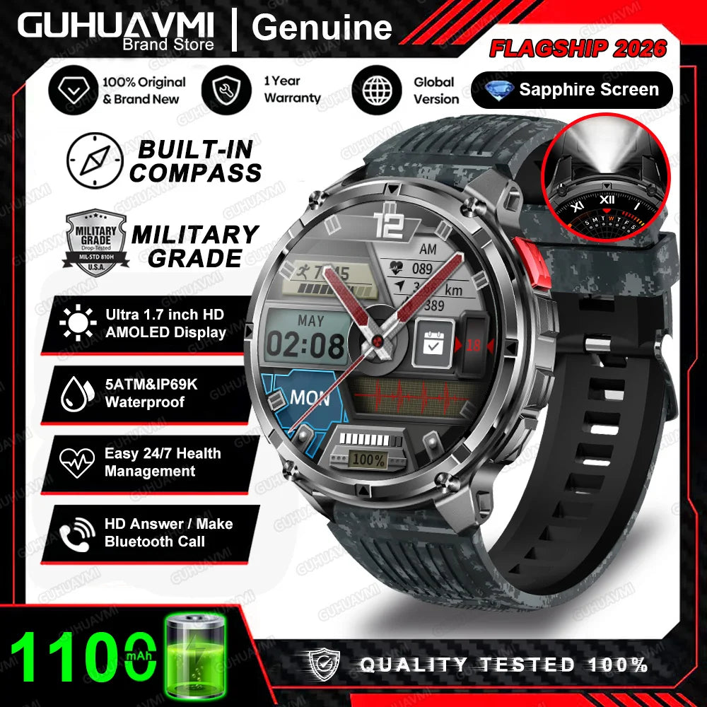 2026 New 1100mah AMOLED Smart Watch Men 170+Sport Fitness LED Flashlight IP69 Waterproof Bluetooth call GPS track Smartwatch iOS