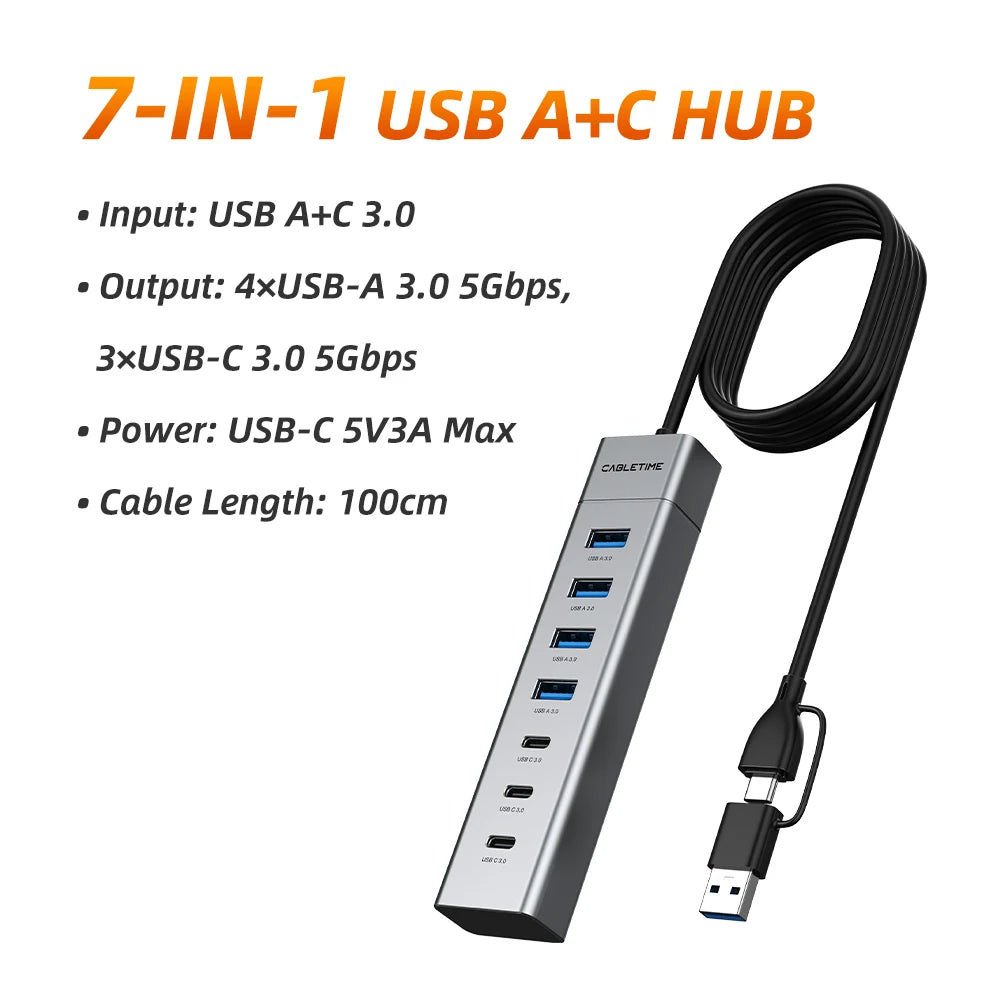 CABLETIME 7 IN 1 USB A Hub USB C HUB USB 3.0 5Gbps Fast Data Transfer Aluminum Durable Shell for Laptop Mac TV Hard Drive C HUB