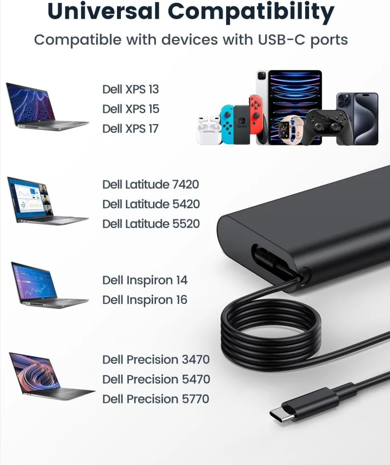 90W USB/TYPE-C AC Laptop Power Adapter Compatible with DELL XPS 15 17 Latitude 3000 7000 Series Precision 5470 5550 3540 3570