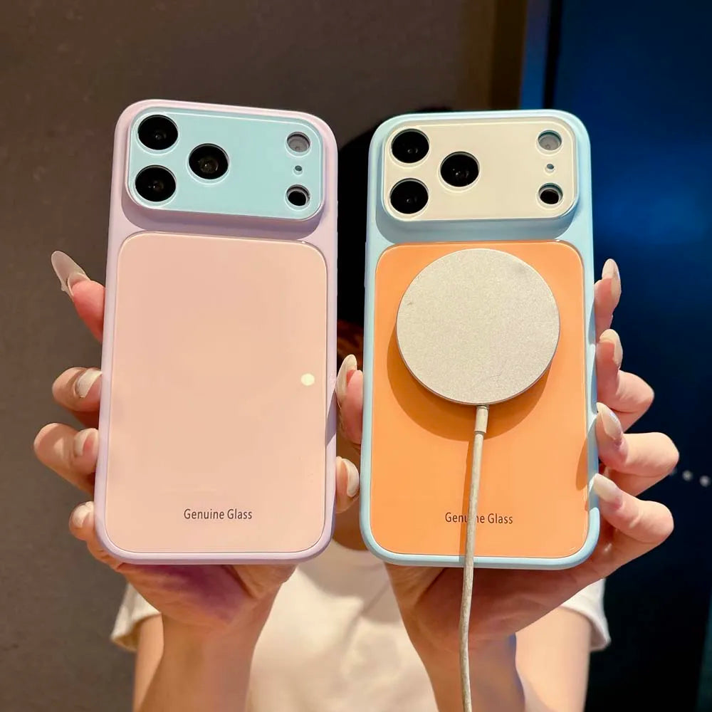 Q6 Luxury Contrast Color Tempered Glass Hard Case for IPhone 17 16 15 14 Pro Max for Magsafe Wireless Charge Dopamine Cover