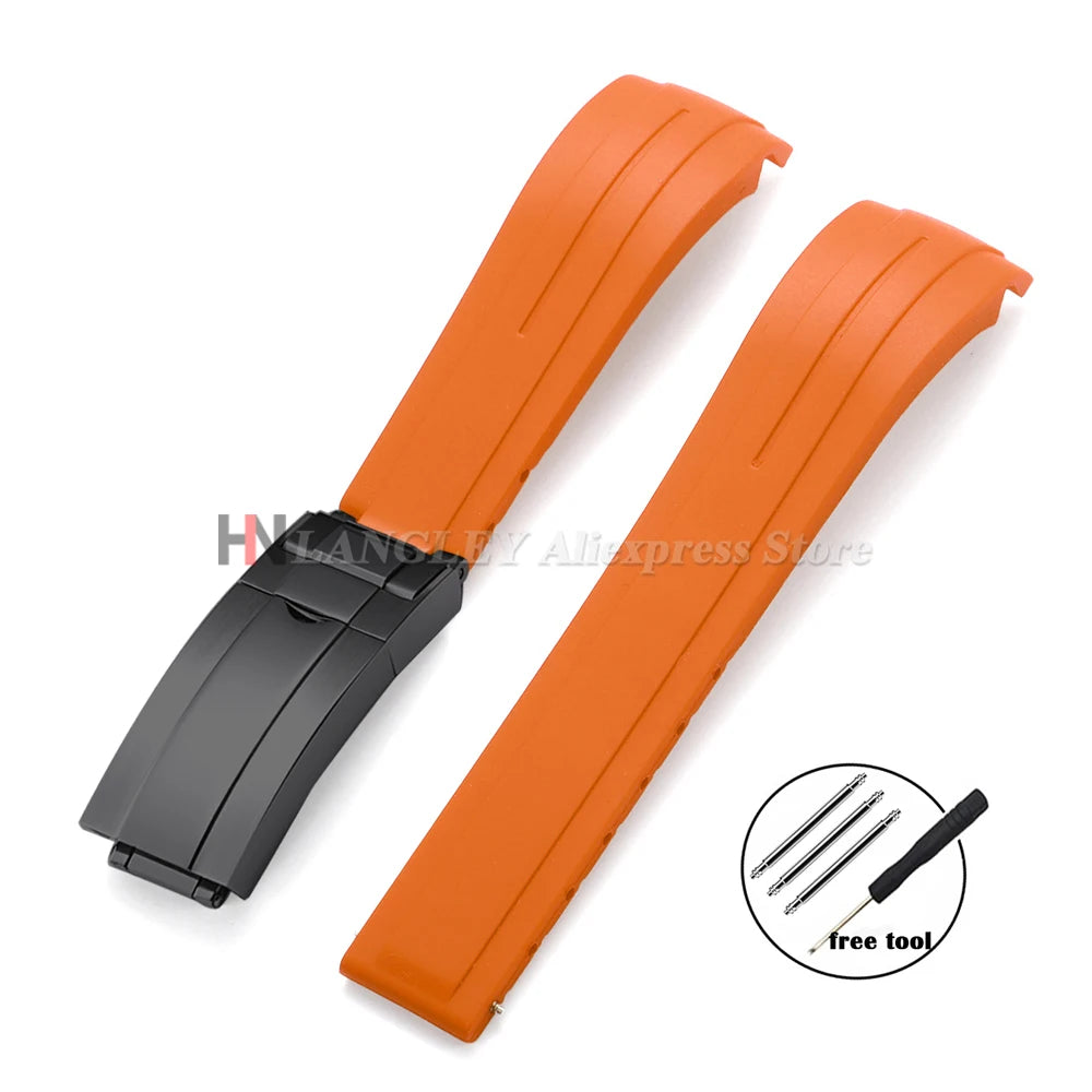Curved Rubber Watch Bracelet 20mm 21mm 22mm for Rolex Green Water Ghost for Oysterflex Waterproof Silicone Folding Buckle Straps