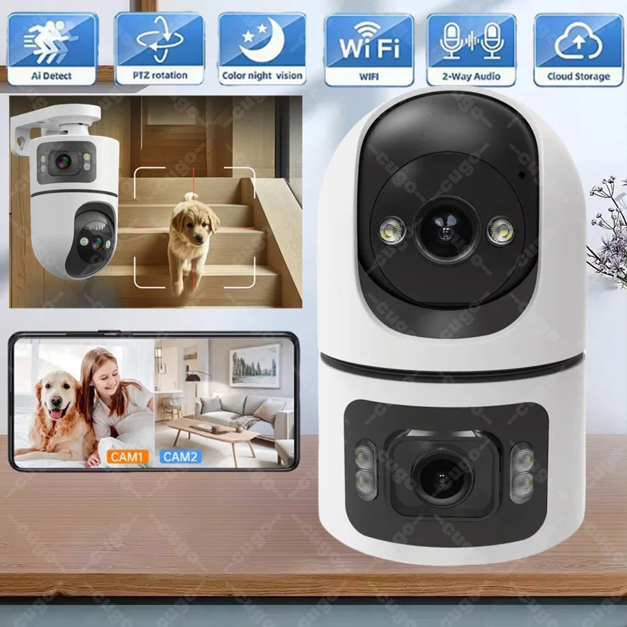 WiFi Indoor Smart Camera 8MP 2 Screen 2 Lens Color Night Vision Cameras Motion Detection Baby Monitor Two-Way Audio Pet CCTV Cam