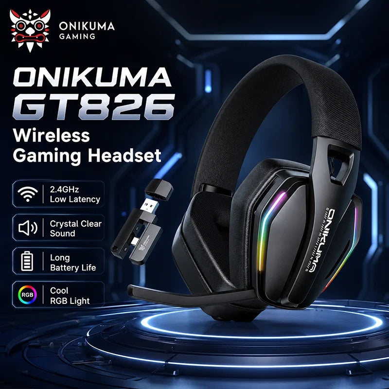 ONIKUMA GT826 Wireless Headset Gaming Headphone Tri Mode Connection Bluetooth USB C 2.4G Low Latency RGB Stereo Sound For PS5 PC