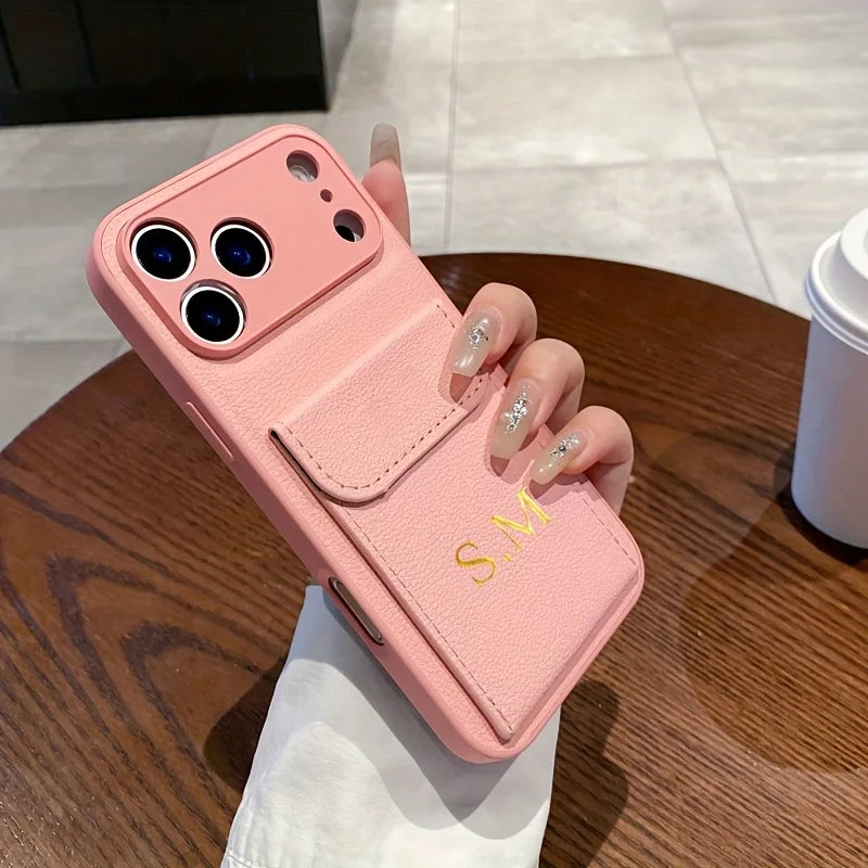Custom Initials Name Letter Card Bag Leather Case For iPhone 17 16 15 14 13 12 11 Pro Max Air Card Slot Holder Shockproof Cover
