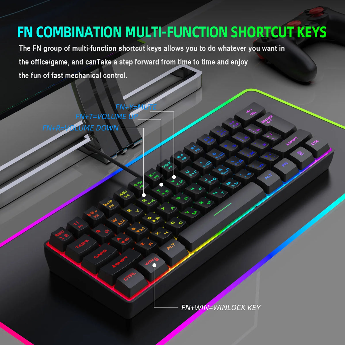 Russian Keyboard English RGB Lighting 61 Keys 60% Layout Gaming Keyboard ISO USB Wired Full Key No Impact K401 For Game Office