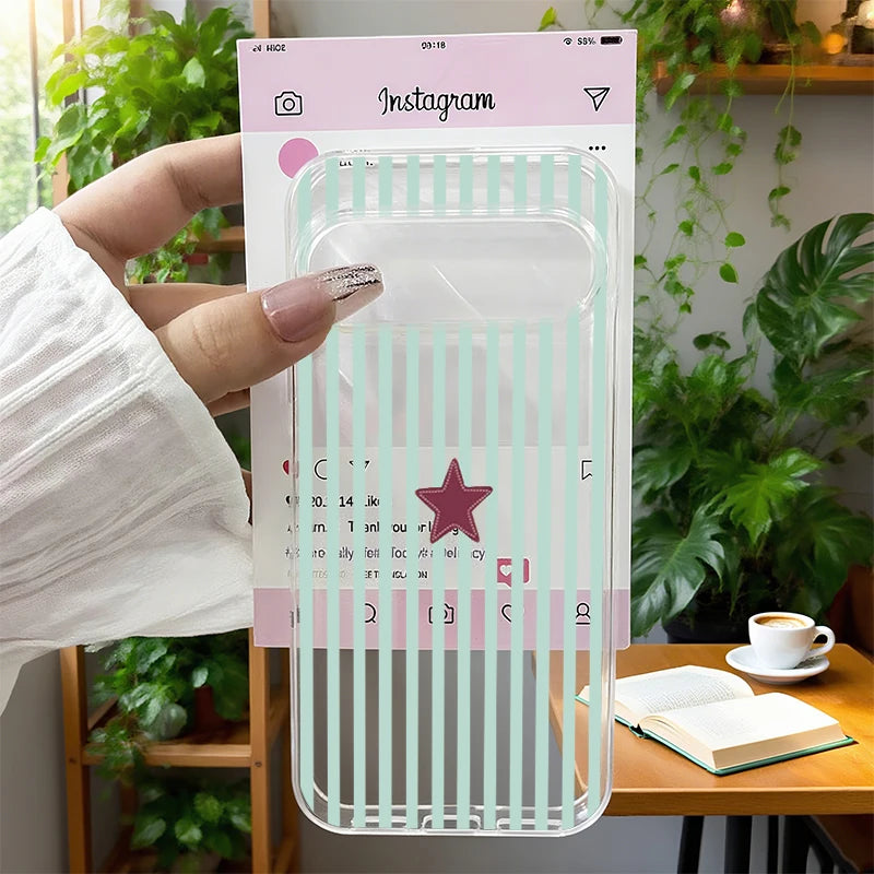 Simple Cute Pink Blue Plaid Star Phone Case for Google Pixel 10 Pro XL 9 8A 9 8 Pro 7 6A 5G INS Stripes Design Clear TPU Cover