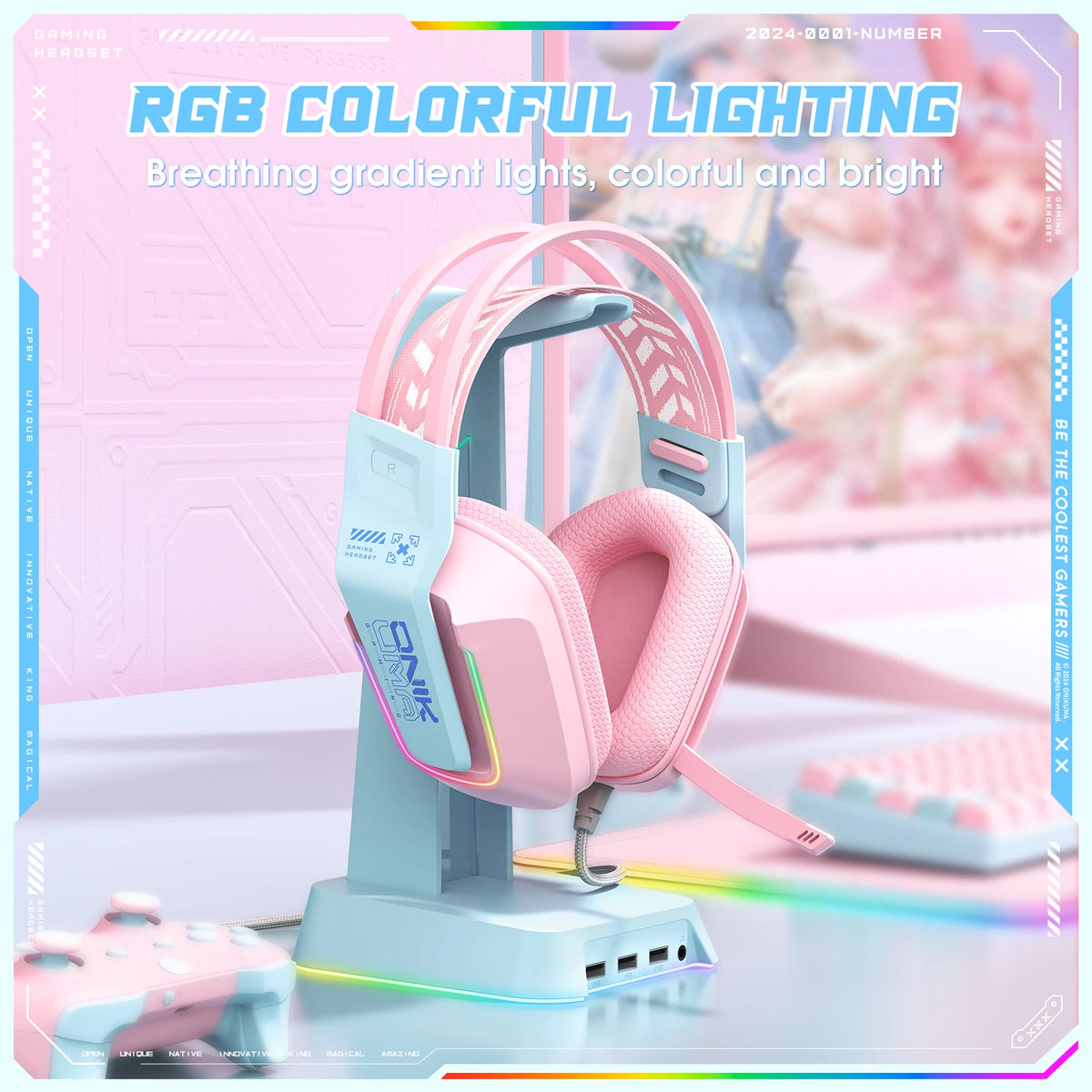ONIKUMA X13 Over-Ear Headphones Gaming Headset Wired Cancelling Earphones Pink Cat Ears Rgb Light With Mic For PC PS4