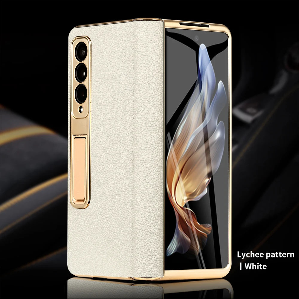 Leather Flip Case for Samsung Galaxy Z Fold 7 6 5 4 3 8 Fold8 ULtra Fold7 Plating Magnetic Hinge Stand Cover with Mirror Film