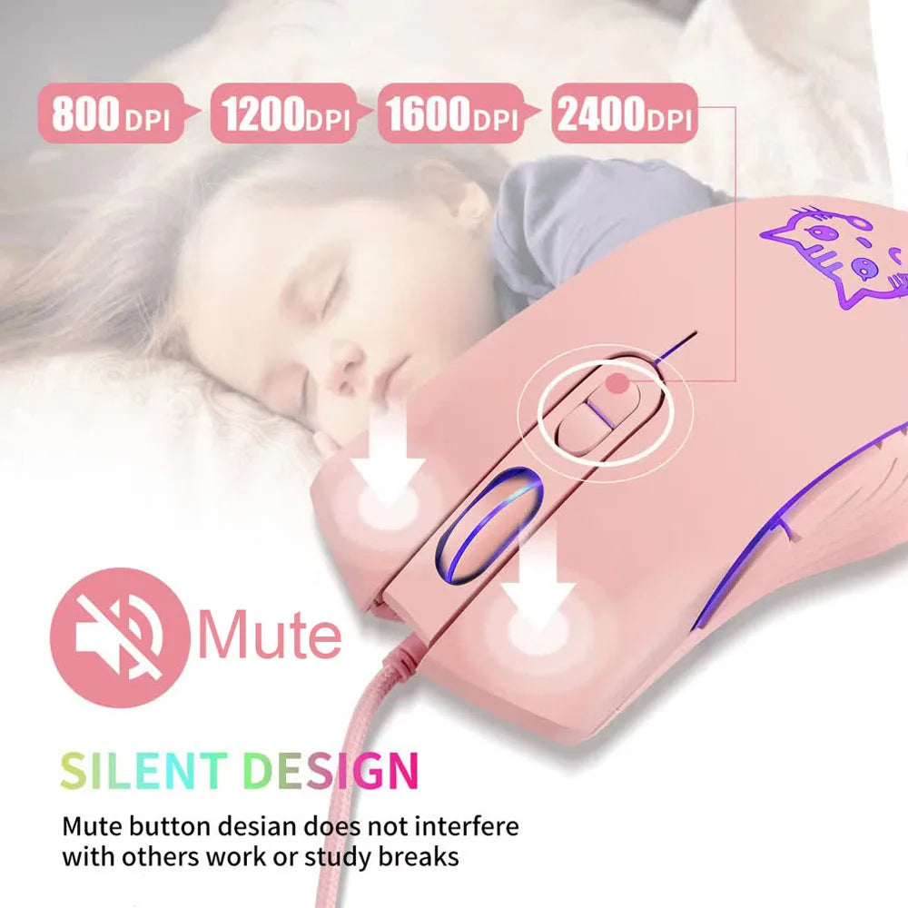 Wired USB Gaming Mouse Pink Computer Professional E-sports Mause 2400 DPI Colorful Backlit Silent Mice for Laptop Pc Mac