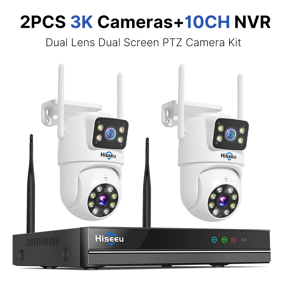 Hiseeu H.265 10CH NVR 3K 6MP Surveillance System Dual Lens Smart PTZ IP Camera Color Night Vision Auto Tracking WiFi CCTV System