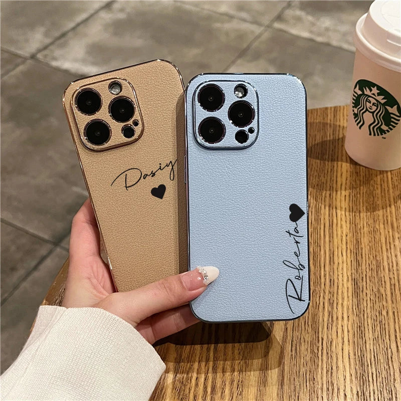 Luxury Plating Leather Personalized Name Case For iPhone 11 12 13 14 15 16 Pro Max Customized DIY Shockproof Cover 15 14 Pro Max