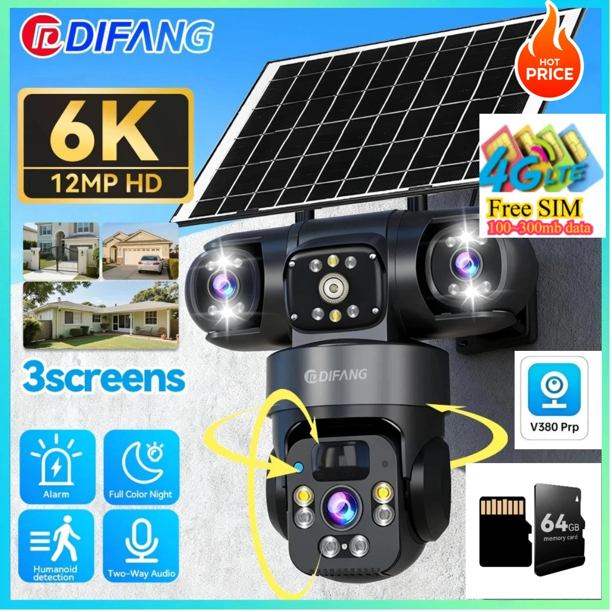 V380 Pro WiFi Triple Screens Solar Camera CCTV AOV 4G LTE Sim Card Video Surveillance Solar IP Camera PTZ 4G Security Protection