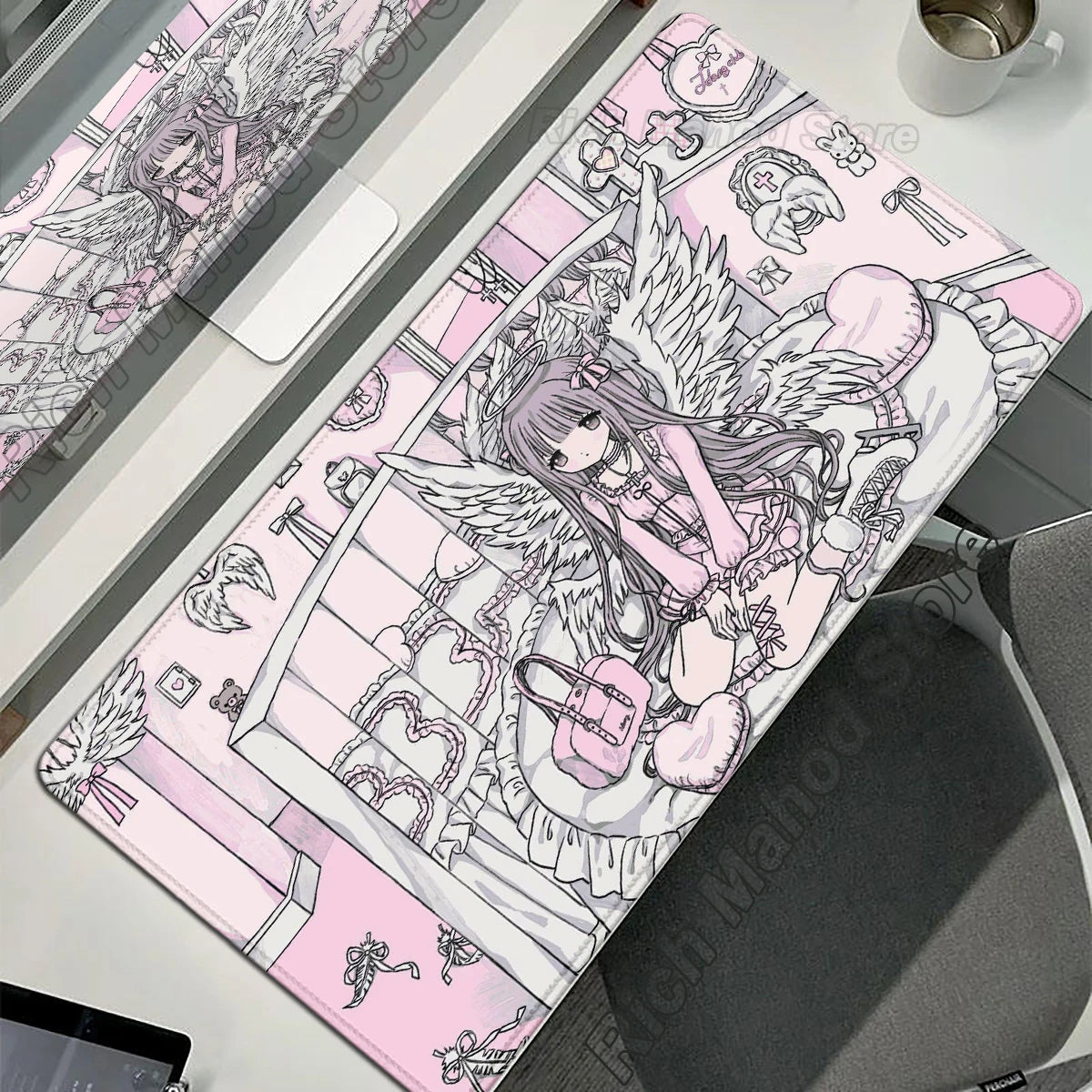 Anime Cute Angel Girls Mouse Pad Laptop Gaming Extended Desk Mat PC Kawaii Gamer Cabinet Mousepad XXL Keyboard Rug Pink Carpet
