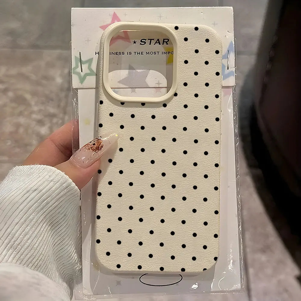 Vintage Black Polka Dot Pattern Lychee Soft Phone Case For iPhone 15 16 17 Pro Max 11 12 13 Pro 15 14 Plus 17 Air X Xs XR Cover