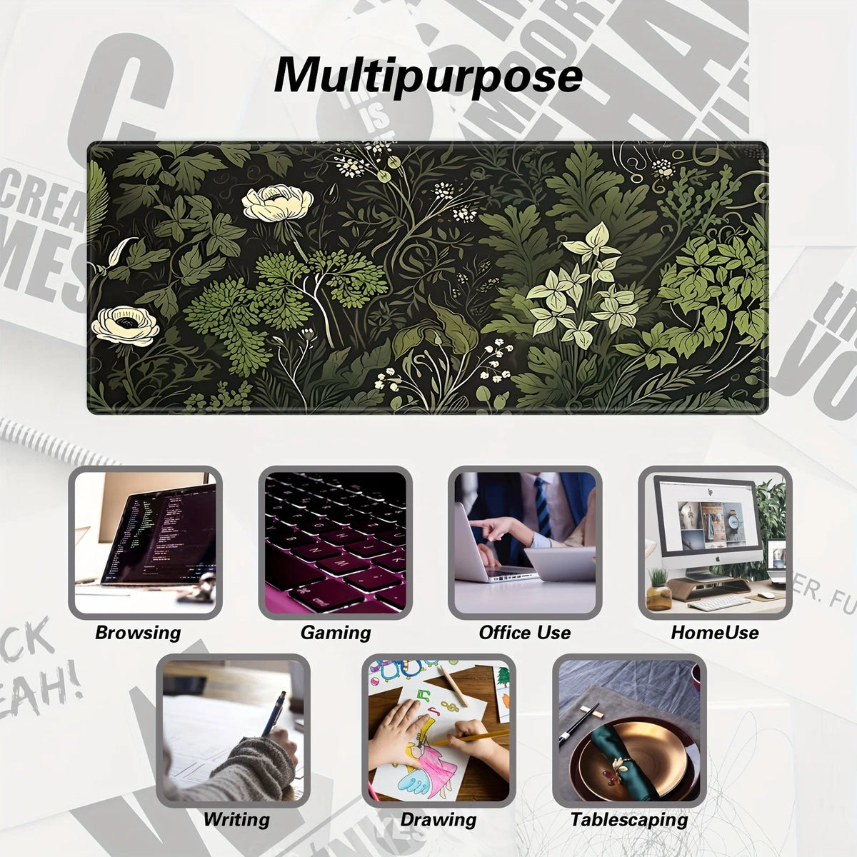 Botanical Green Floral Plant Mouse Pad Large Desk Pad Non-Slip Gaming accessories Mouse Mat Stitched Edges for Office and Home