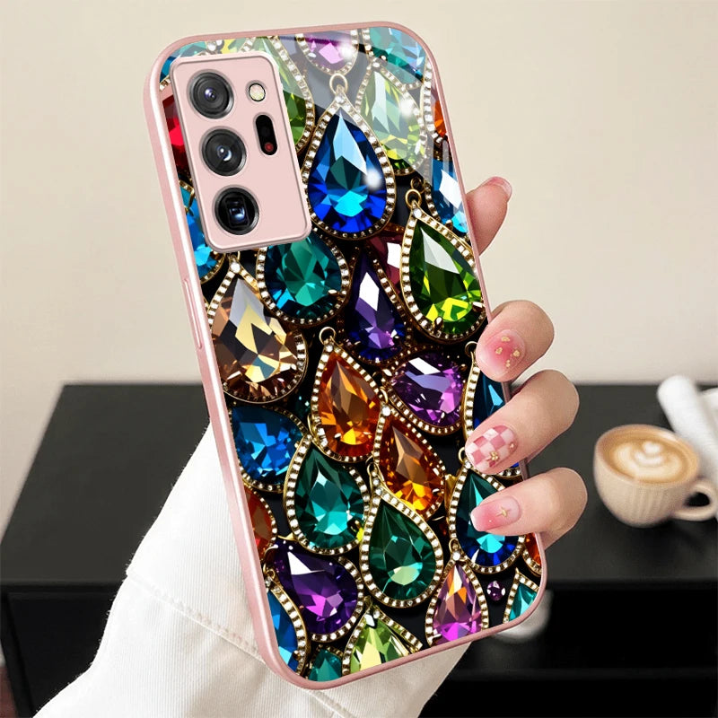 Colorful Teardrop Gem Pink Metallic Glass Phone Case For Samsung Galaxy S26 S25 S24 S23 Ultra Plus FE S8 S9 S10 Note8 9 10 Cover