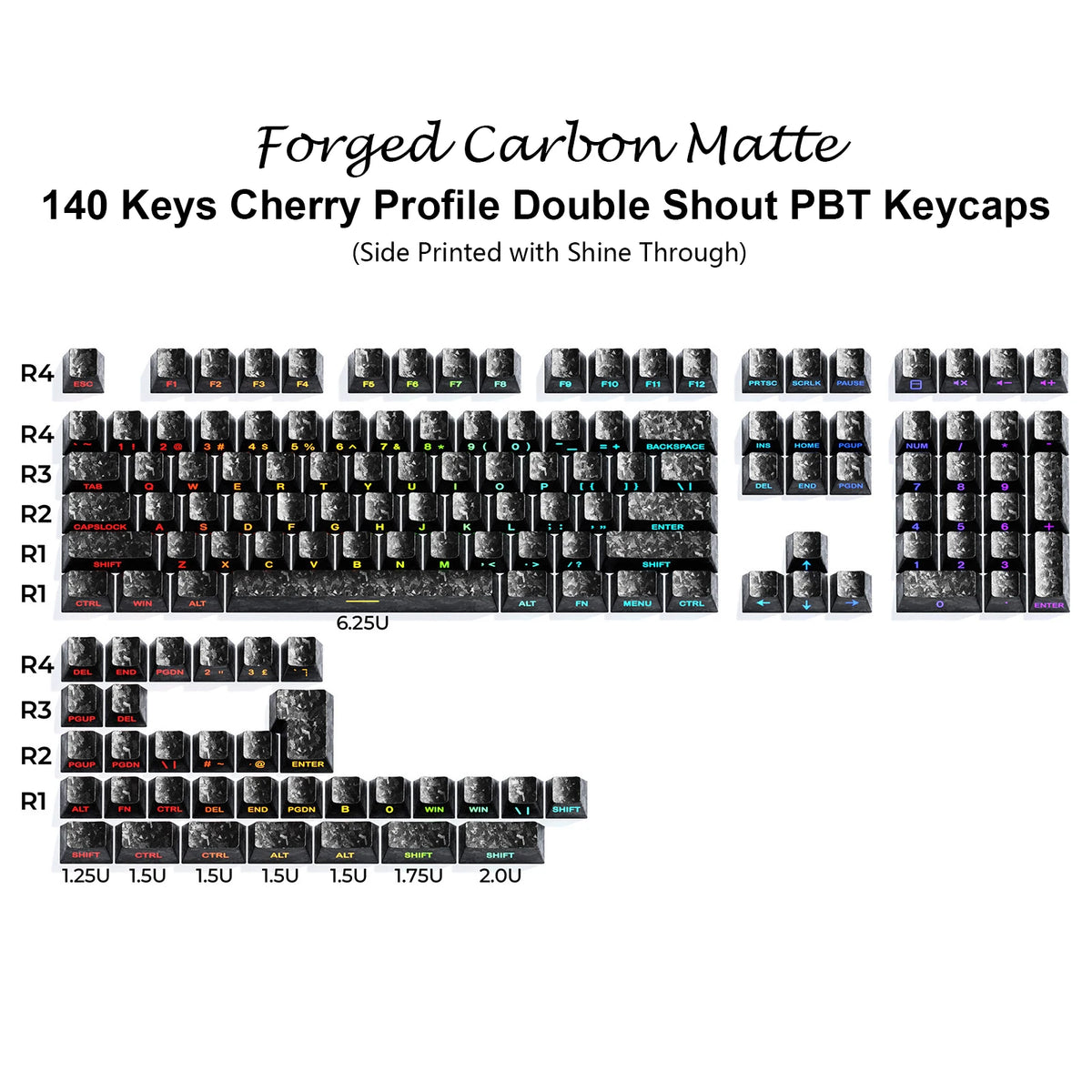 Forged Carbon Matte Double Shot PBT Keycaps Cherry Profile Side Print RGB Backlit Key Caps for MX Switches Mechanical Keyboard