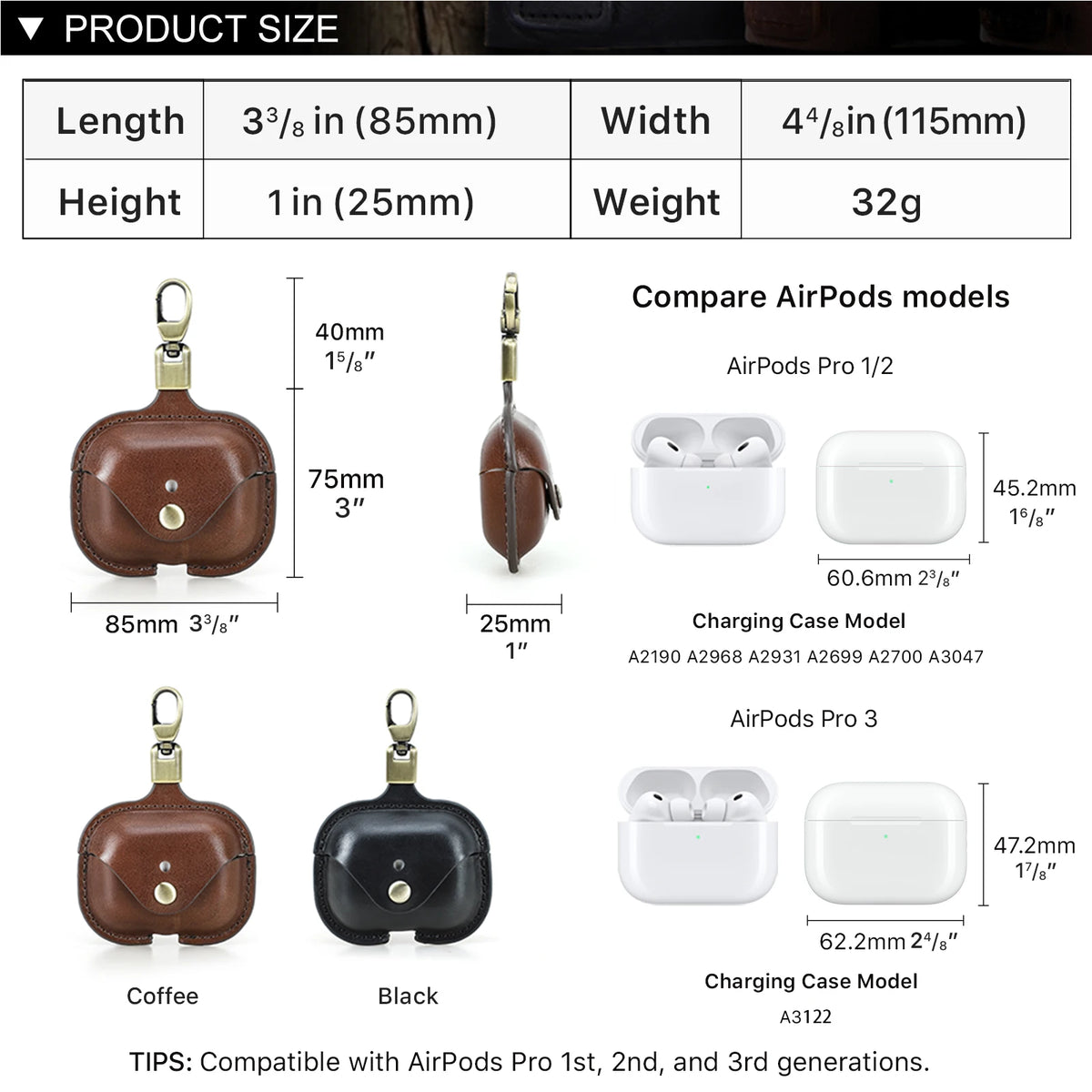 Genuine Leather Cover for AirPods Pro 3 Case AirPod Pro 2nd 1st Generation Bluetooth Wireless Headphones Charging Box with Hook