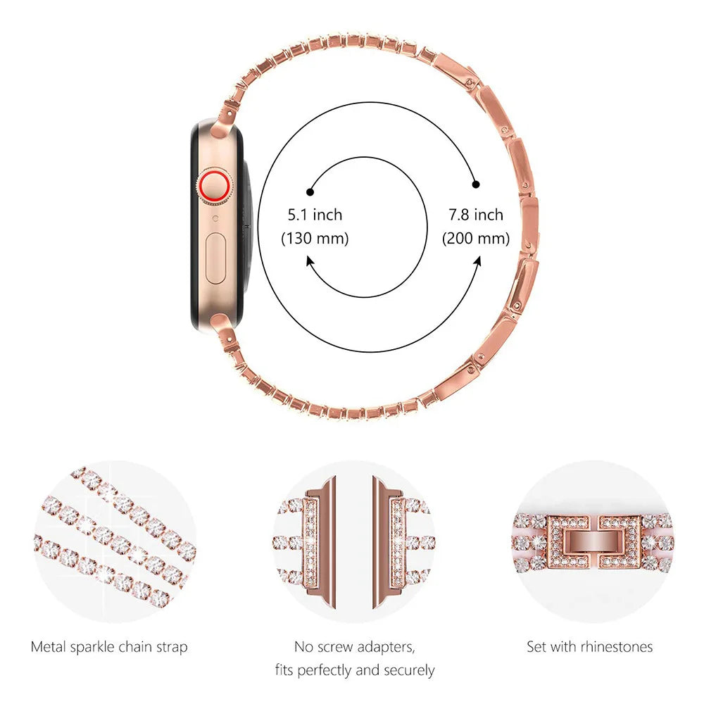 Metal Chain-styled Watch Strap for All Range of Apple Watch Series Diamond-encrusted Chain Stainless Steel Watch Band