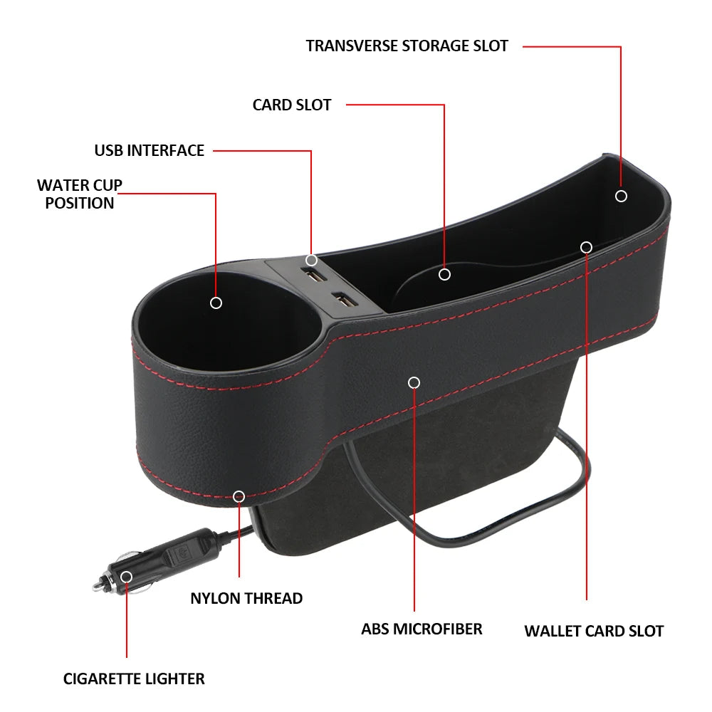 Car Seat Gap Storage Box Seat Gap Slit Box Phone Bottle Cups Holder Box Car Organizer Dual USB Charger Leather Car Accessories
