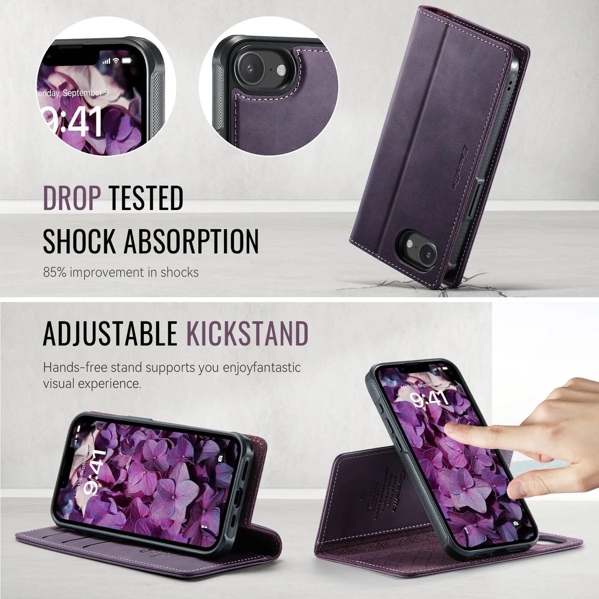 For iPhone 17e 2-in-1 Magnetic Detachable Wallet Case MagSafe Compatible RFID Blocking PU Leather Card Holder Kickstand Case
