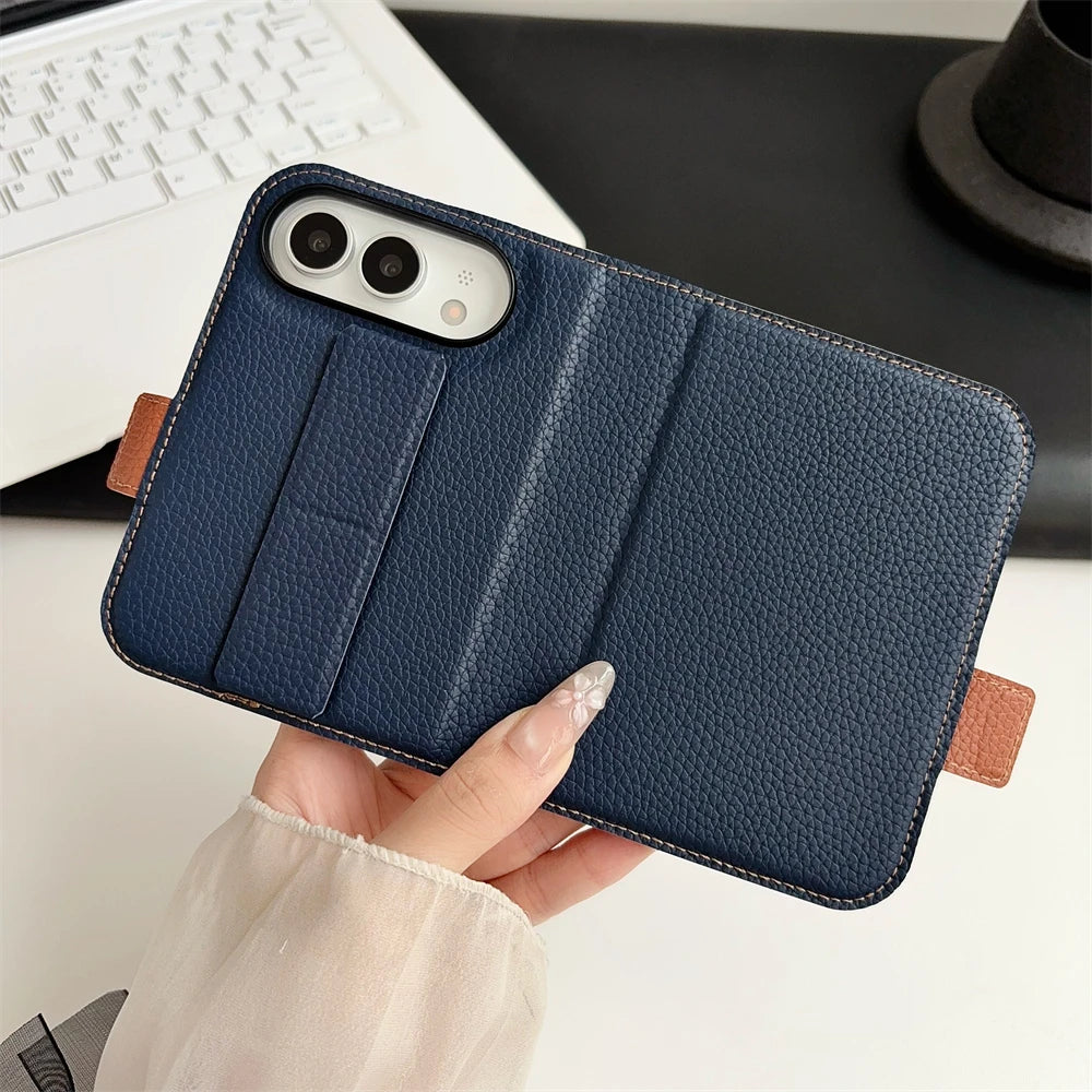 Wristband Bracket Phone Case For iPhone Duo 18 Fold Invisible Wristband Soft Card Holder Wallet Cover With Tempered Glass Case