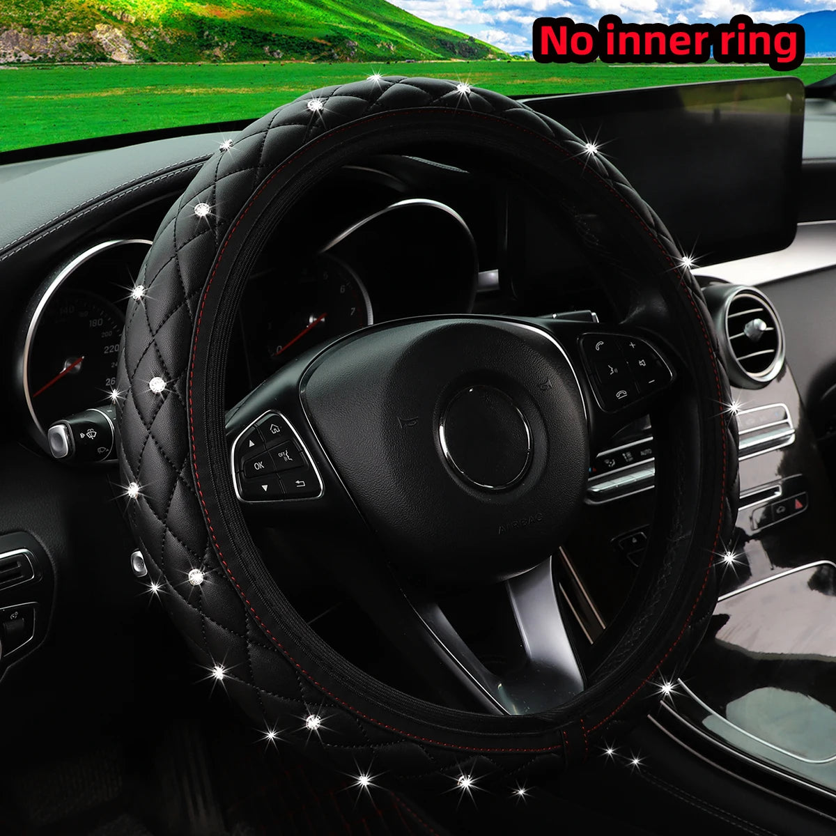 1 PU leather embroidered stereo diamond-encrusted Blingbling car steering wheel cover for 14.5-15 inch automotive supplies