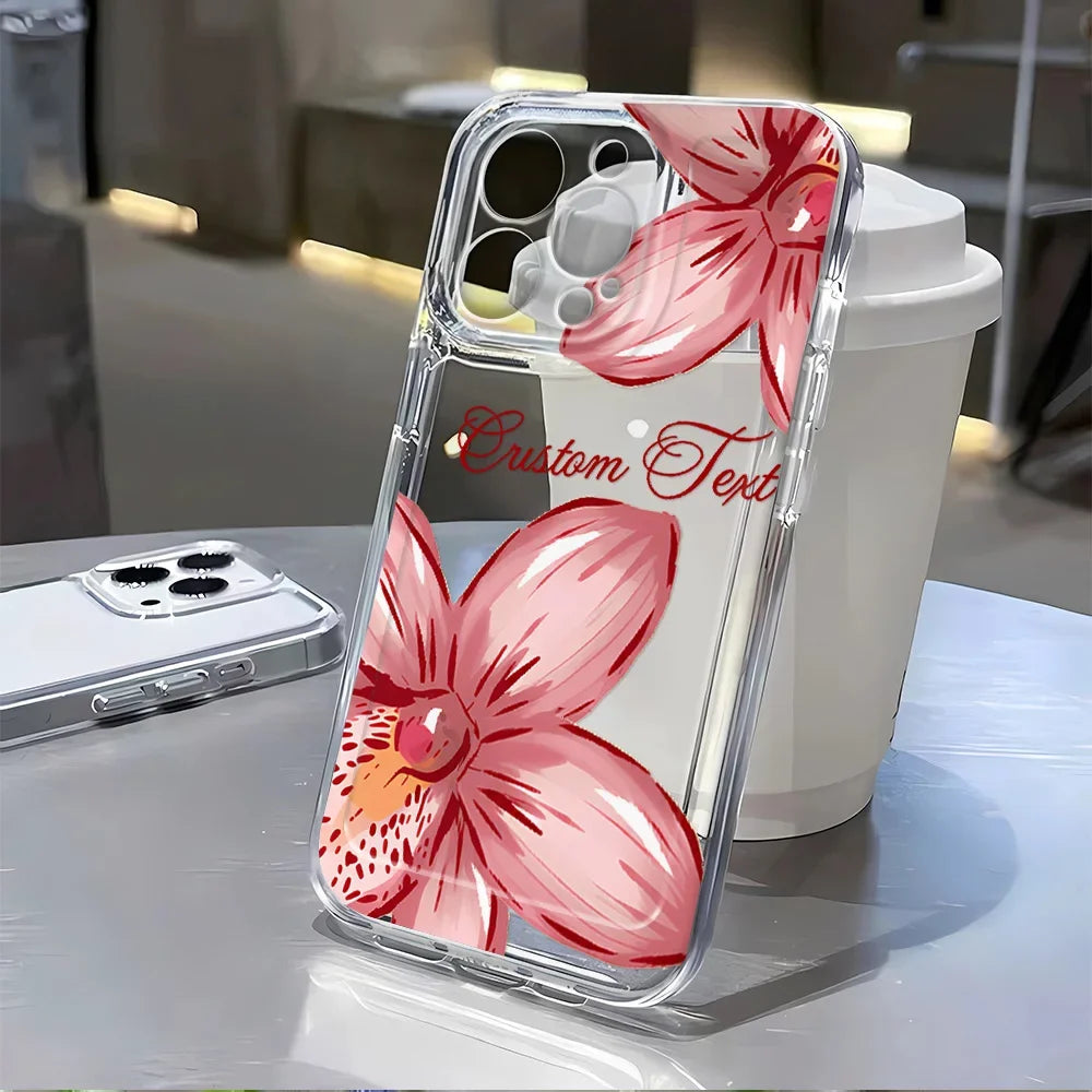 Custom Text Pink Orchid Print Clear Phone Case, Personalized Floral Art TPU Protective Cover, Elegant Romantic Aesthetic Transparent Shockproof Shell For iPhone 17 16 15 14 13 Pro Max Phone cases for iPhone 11‑12 series can