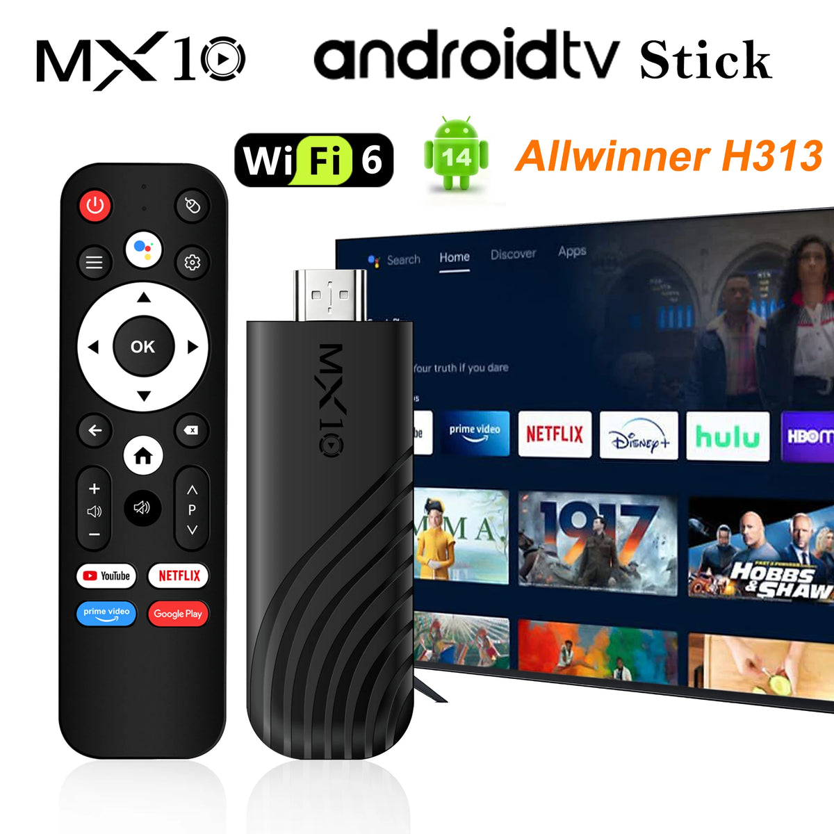 Android 13 MX10 Stick Streaming TV Stick Quad Core Cortex A53 Mali G31 GPU 8GB 128GB WiFi6 Voice Control Dongle