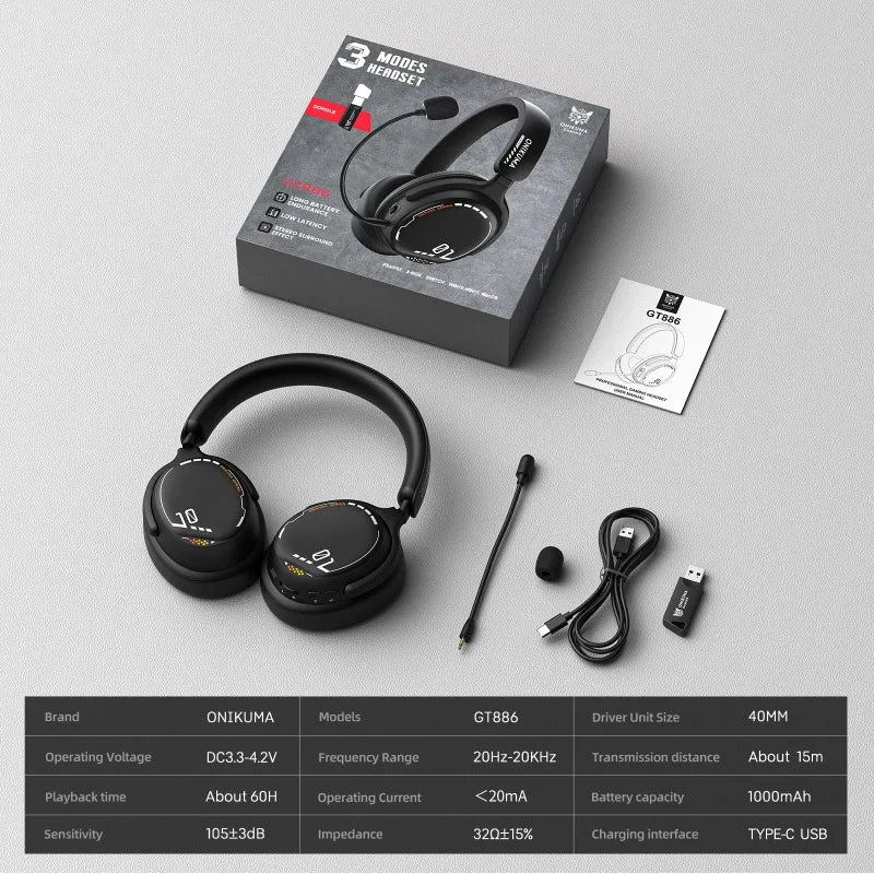 ONIKUMA GT886 Gaming Headset Tri Mode Bluetooth 2.4G Wireless Wired Low Latency Detachable Mic 60H Playtime For PC PS5 Switch