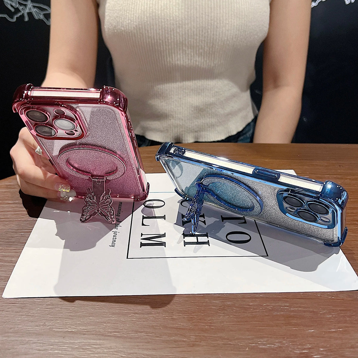 Luxury Butterfly Glitter Holder With Lens Film Phone Case For iPhone 11 12 13 14 15 16 17 Pro Max Plus Four Corner Anti Fall