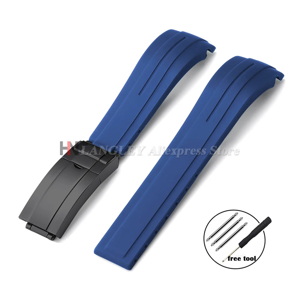 Curved Rubber Watch Bracelet 20mm 21mm 22mm for Rolex Green Water Ghost for Oysterflex Waterproof Silicone Folding Buckle Straps
