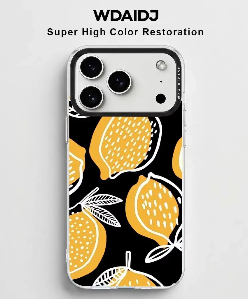 Hand Drawn Yellow Lemon Sketch Phone Case Black Base Citrus Art For iPhone 13 14 15 16 17