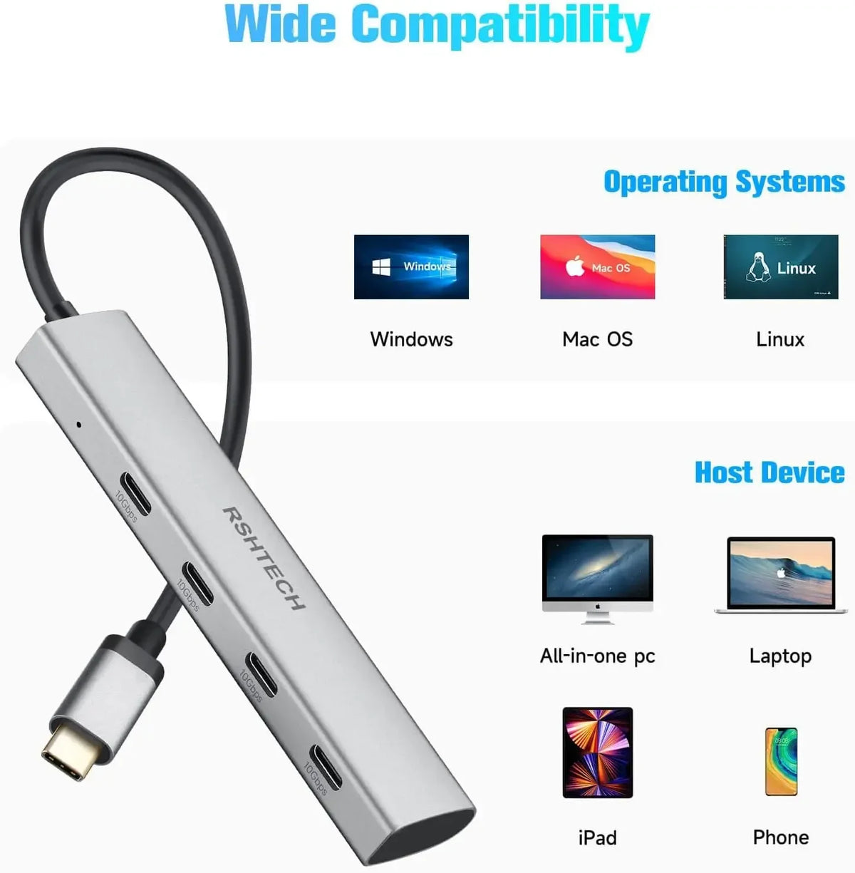 RSHTECH USB C Hub USB 3.2 Hub 10Gbps 4-Port USB-C Splitter Portable Aluminum USB Type C Adapter for MacBook Thunderbolt Laptop