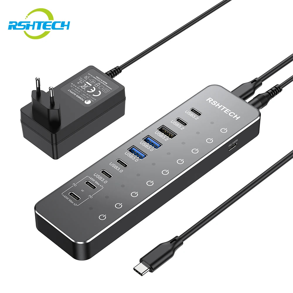 RSHTECH 10-in-1 Powered USB C Hub Splitter 10Gbps USB 3.2 Data Port PD100W Aluminum USB Multiport Adapter for MacBook Pro Air PC