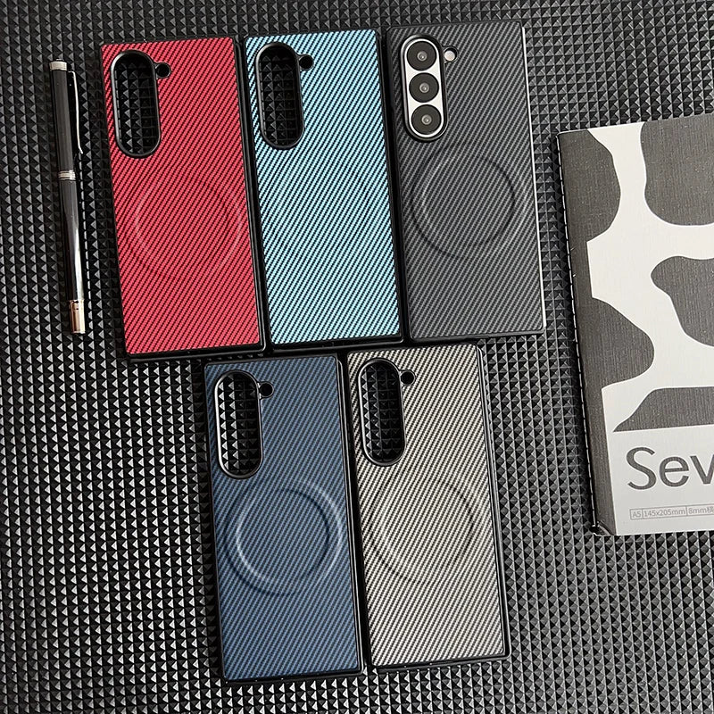 Carbon Fiber Pattern PU Leather For Magsafe Magnetic Case For Samsung Galaxy Z Fold 6 4 5 3 Fold6 Fold4 Fold5 Fold3 Back Cover