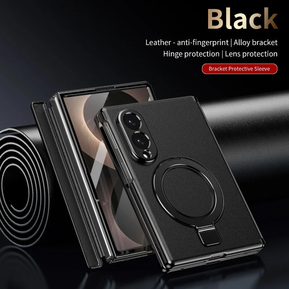 Magnetic Bracket Phone Case for Samsung Galaxy Z Fold 8 Ultra 7 6 5 Luxury Leather Hinge Full Screen Glass Drop Protection Cover